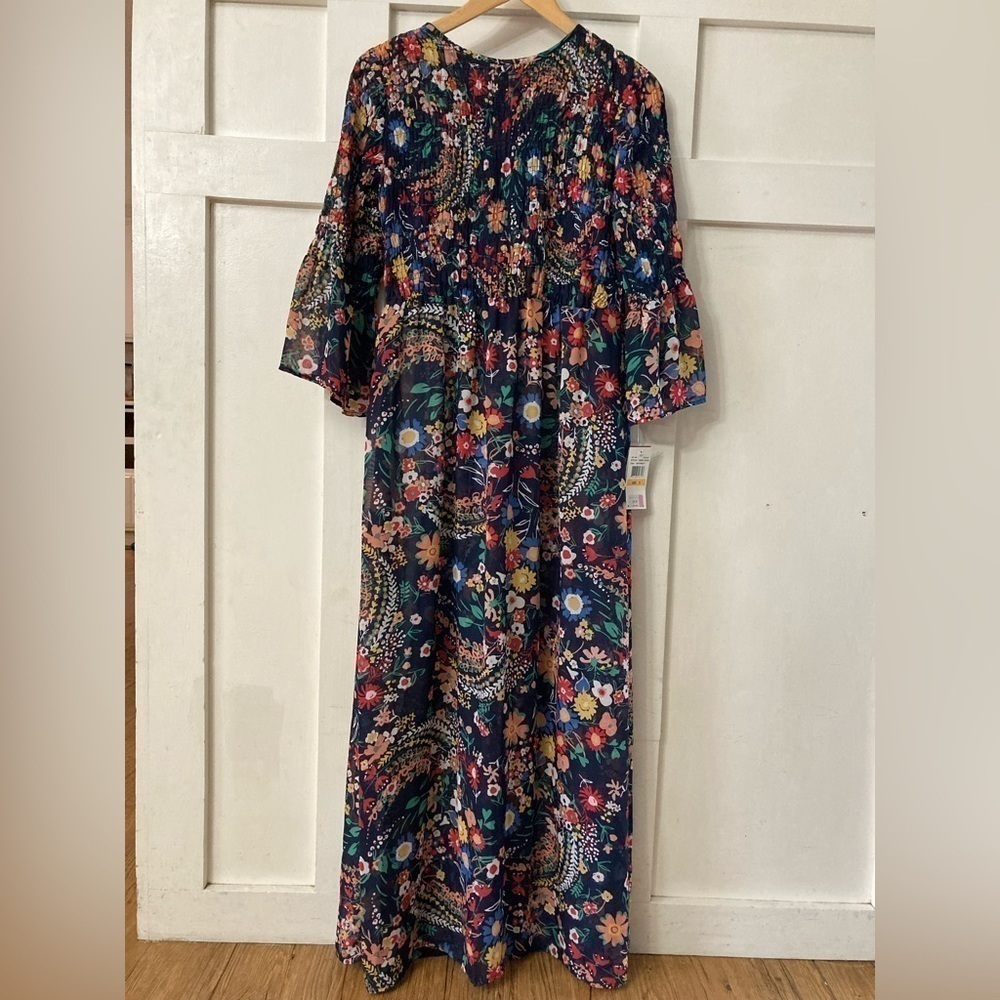 NWT eci New York modest floral maxi dress elastic smocked top tapered sleeves S